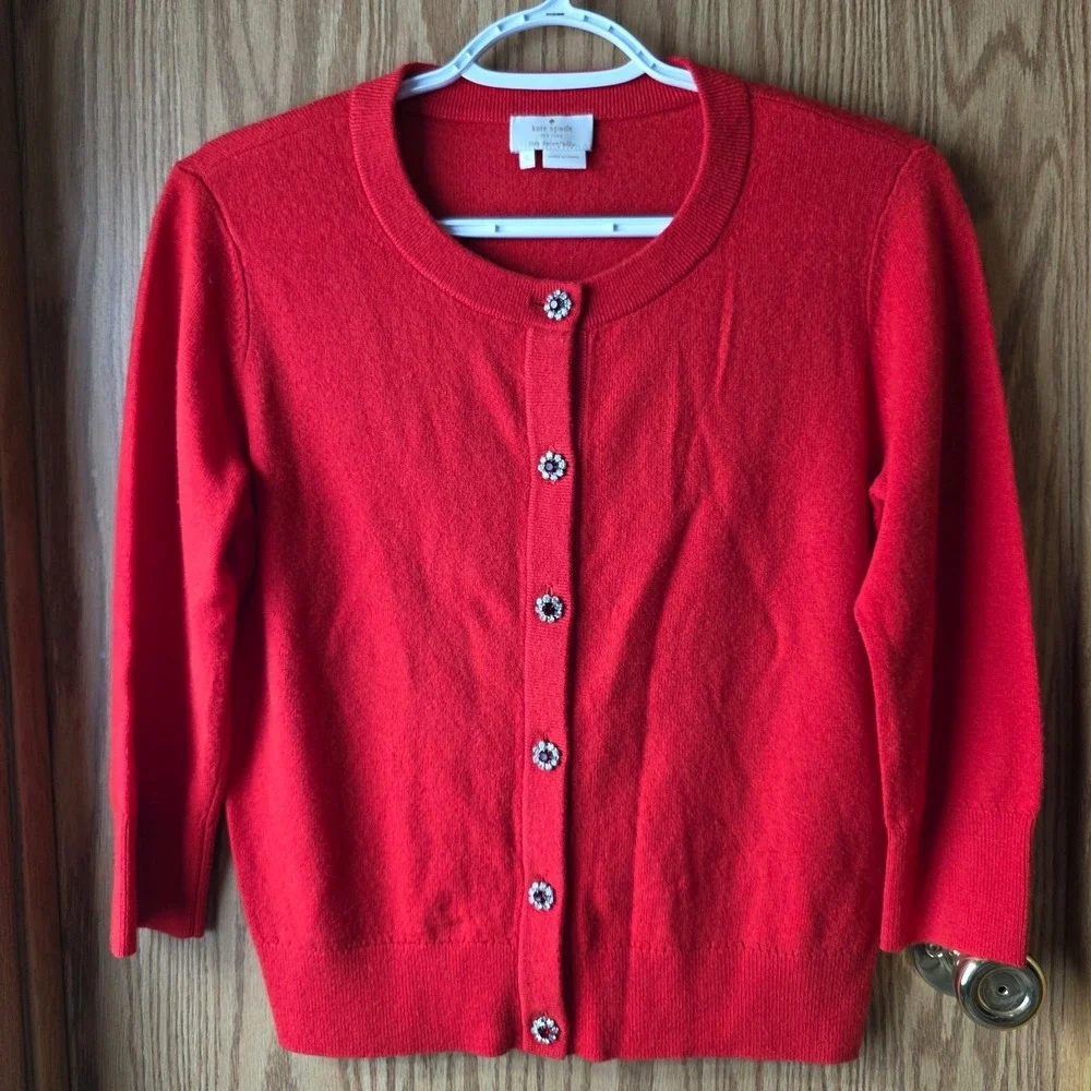 Kate Spade Love Colorfully S Red Wool Cashmere Cardigan Jeweled Buttons Cropped
